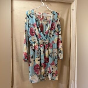 ⚫️ BOGO Peppermint blue floral sheer summer mini dress long sleeve size large